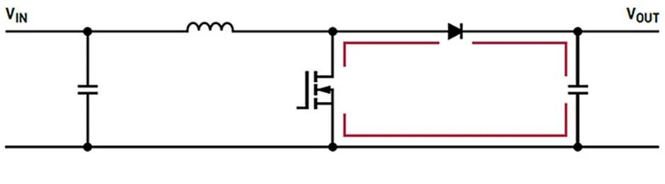 “图3:升压开关稳压器和快速变化电流路径的示意图,以红色显示。"