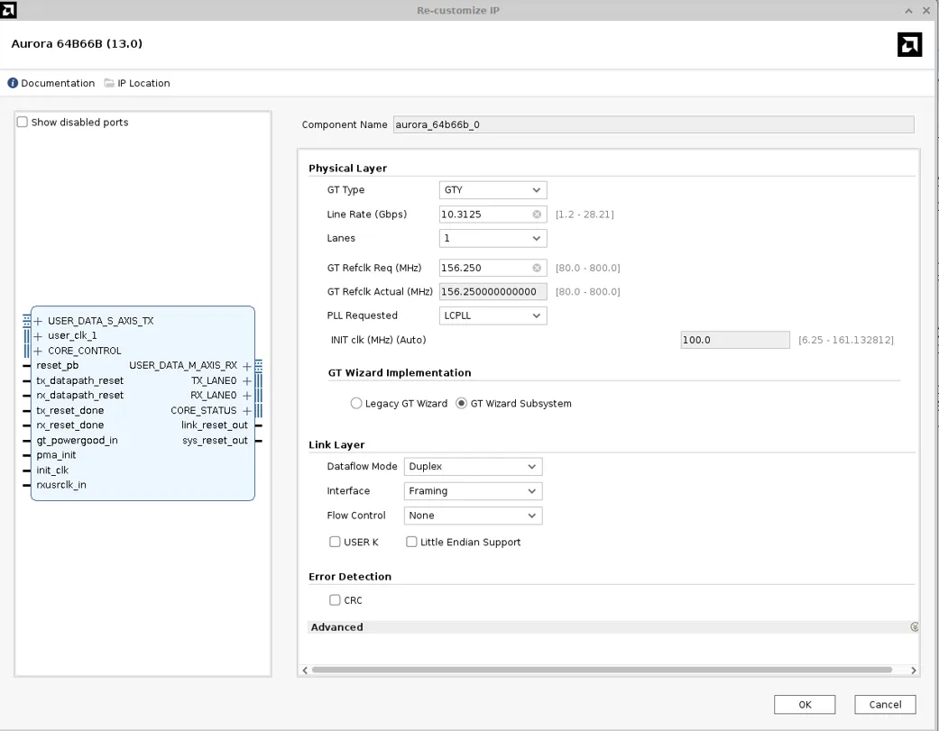 图 3：为 VMK180 自定义 Aurora 64B66B 核.png