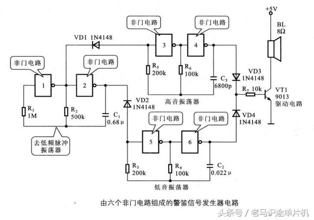 由六个非门电路组成的警笛信号发生器电路